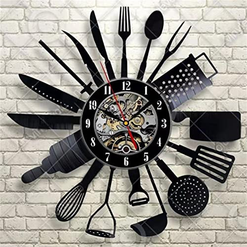 TMXK Vintage Kitchen Cutlery Vinyl Record Wall Art Spoon Fork Knife Wall Clock Tableware Foodie Decorative Clock