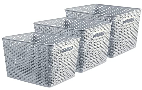 CURVER My Style Rattan Effect Set of 3 Kitchen, Living room, Bathroom, Bedroom, Utility Large Rectangular Storage Baskets 18L - Blue