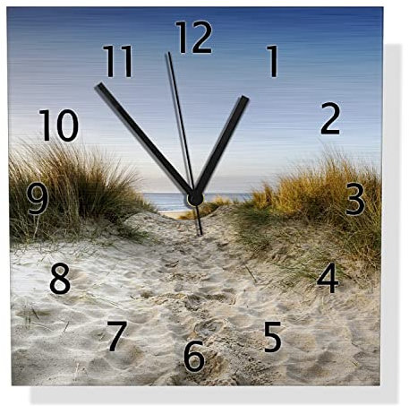 Wallario Design Wanduhr Weg durch die Dünen zum Strand am Meer aus Aluverbund, Alu-Uhr Größe 30 x 30 cm, Schwarze Zeiger mit Metalloptik