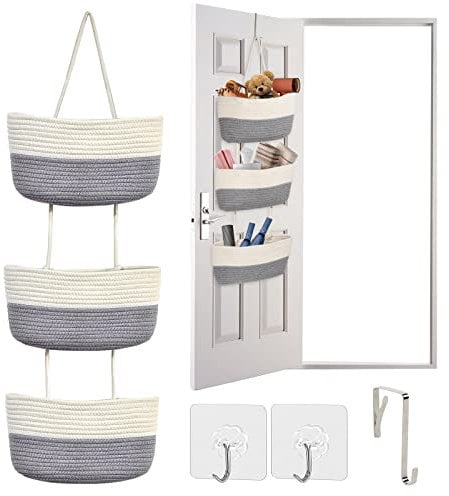 Autumnlife Over Door Storage Organiser, Hanging Storage Bag, Back of the Door Hanging Organiser Rope Fabric Storage Solution with 3 Pockets and Hooks for Bedroom, Living Room, White and Grey
