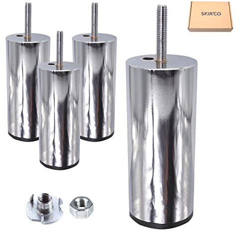 SKIR'CO Lot de 4 pieds de meubles en métal avec boulon M8 - Chrome brillant - Pieds de canapé ronds avec écrous - Hauteur : 120 mm