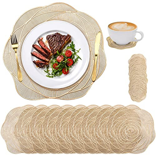 Lyellfe Set of 10 Gold Pressed Vinyl Placemats, 15 Inch Metallic Placemats with Coasters, Non-Slip Washable PVC Chargers Placemat for Dining Table, Wedding, Holiday, Party
