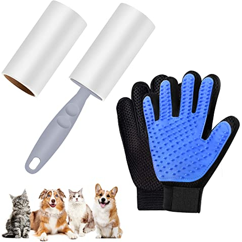 Pet Dog Cat Grooming Glove and Lint Roller, 2Pack Pet Hair Remover with Longer Tips, Deshedding Brush Glove for Cats & Dogs with Long & Short Fur - (Left & Right)