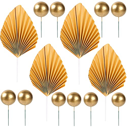 14 Stück Papierpalmen-Kuchendekorationen enthalten 4 Palmblatt-Kuchenaufsätze zum Selbermachen und 10 runde Kugel-Kucheneinsätze, Dekoration, Geburtstagskuchen-Ornament (Gold)