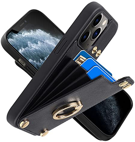 CUSTYPE für iPhone 11 Pro Max Hülle mit Kartenfach und Ringständer, Brieftasche aus Mikrofaserleder Etui für Apple iPhone 11 Pro Max Schwarz 6.5