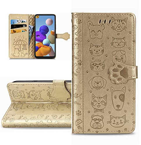 LEMAXELERS iPhone 11 Phone Case iPhone 11 Cover,Cute Cat Dog Embossed PU Leather Flip Notebook Wallet Case Magnetic Stand Card Slot Folio Case for iPhone 11,SD Cat Gold