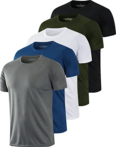 HOPLYNN 5er Mesh Funktionsshirt Herren Laufshirt Kurzarm Männer Schnelltrocknend Atmungsaktiv Sport Shirt Sportshirt Trainingsshirt Weiß Schwarz Grau Navy Grün - L