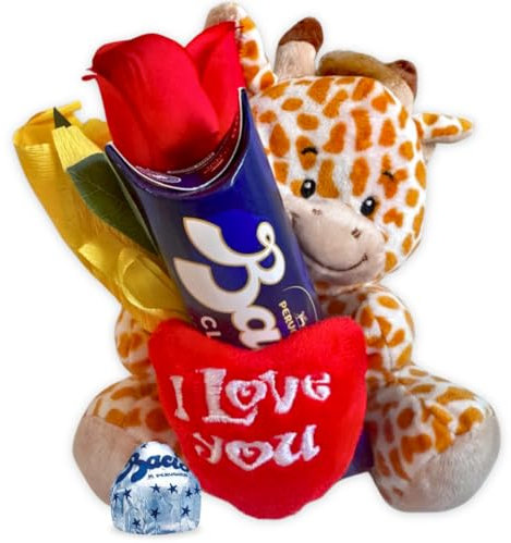 Idea Regalo Maestre - Peluche Giraffa15cm + 37,5gr Baci Perugina + Rosa Rossa + Bouquet di Mimosa - Regalo Uomo|Donna|Mamma