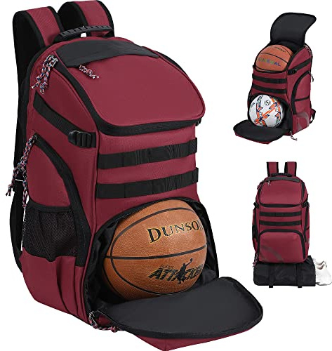 TRAILKICKER Basketball Bag Backpack with Ball Holder Multi-Sport Backpack for Soccer Volleyball Football Baseball Helmet (TK2-Burgundy, Large)