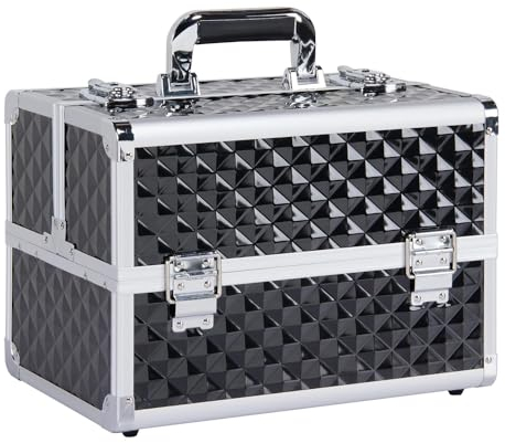 Yaheetech Large Cosmetic Case Professional Makeup Box Beauty Case Jewellry/Nail Polish Storage Box with Adjustable Dividers, Black/Silver