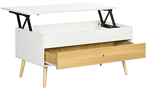 HOMCOM Table d'appoint rectangulaire surélevée Table de Salon avec Plateau relevable 1 tiroir et Meuble à tiroirs en Bois Dim. 100L x 50l x 49H cm Blanc