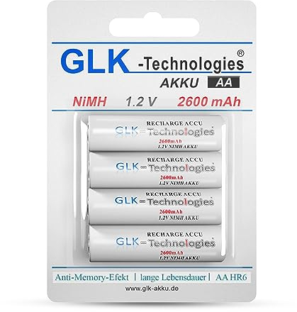 GLK-Technologies® High Power AA HR6 Batterien 2600mAh NI-MH wiederaufladbar ohne Memory Effekt bis zu 1000 Aufladezyklen