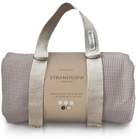 BADESOFA® STRANDSOFA | Made in EU | Waffel Piqué aus 100% Bio-Baumwolle | Extra bequemes Strandtuch mit Kissen & Tragegurt | Strand-Set atmungsaktiv & waschbar | Strand-Zubehör in Taupe