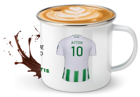 Taza de futbol personalizada con nombre, taza de camping de metal para viaje estilo retro con ilustracion de camiseta de futbol todos los clubles (Betis, metal)