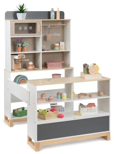 Ella & Piet® Kaufmannsladen Vendy mit Kuchenauslage und Eisfach aus Holz (Weiß-Schlamm) Kaufladen Verkaufsstand für Kinder