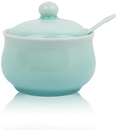 Tingyework Porcelain Salt Cellar with Lid and Spoon, 4.4 oz Salt Container Sugar Bowl for Spice & Seasonings, Elegant Kitchen Counter Decor, Chinese Celadon (Ivory Blue)