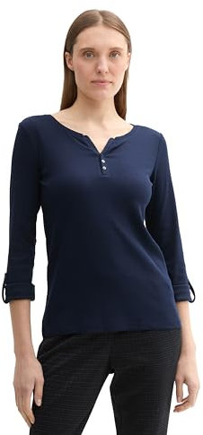 TOM TAILOR Damen Henley Longsleeve mit Streifen aus Bio-Baumwolle, 10668 - Sky Captain Blue, M