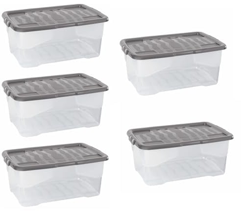 Strata 5 x 42 Litres Curve Plastic Stackable Storage Box & Lid with clip-on lids, 5 Pack, Multi storage box for home and office storage solution Clear Box, Grey Lid, (25cm H x 40cm W x 60cm D)