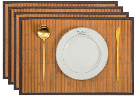 Tischsets Abwaschbare Tischset Bambus Platzset rutschfest, Schmutzabweisend, Wärmeisolierende Tischsets Korrosionsbeständig Platzsets für den Küchentisch 4er-Set (Hellbraun)
