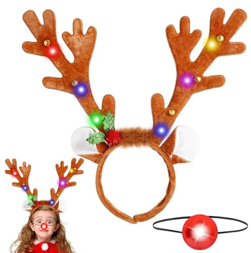 Beipegin LED Rentier Haarreif Mit Roter Nase Und Leuchtendem Geweih - Weihnachts Accessoires Und Haarschmuck für Kostüme - Erwachsene Und Kinder