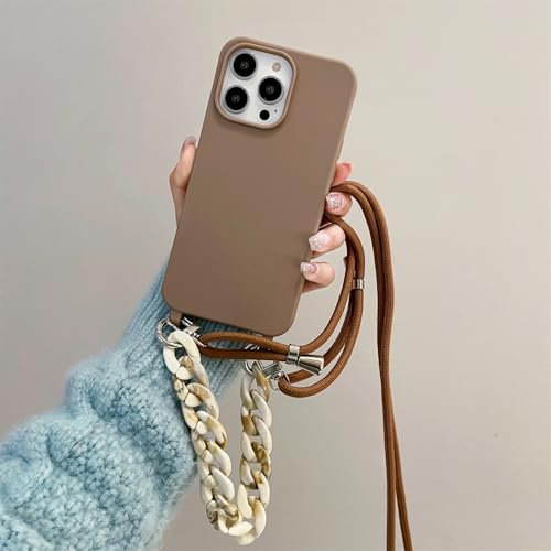 Rokmym Coque Compatible avec iPhone 16 avec Cordon Collier pour Étui Colliers de cellulaire Corde Coque avec Bracelet Lanyard Antichoc en Souple Silicone TPU Bumper Coque pour iPhone 16, Marron