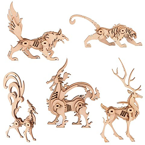 QXSJEDYCH Holz 3D Puzzle Patchwork Fünf Stück Combo enthält Fuchs Wolf Tiger Hirsch und Kirin
