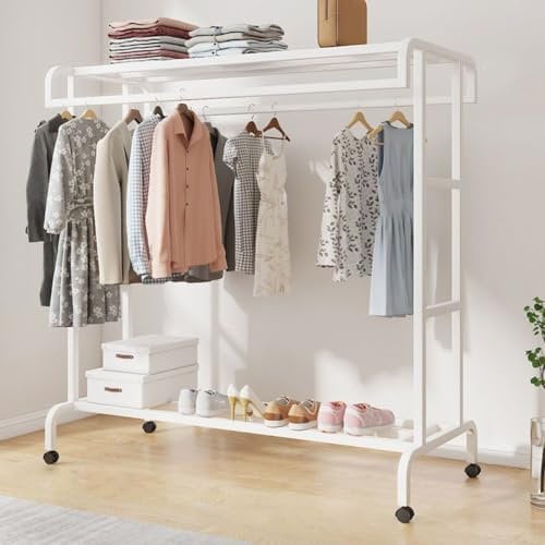 DODOBD Metall Kleiderstange Doppelt,Kleiderständer Stabil mit Schuhregal,Schwerlast Kleiderständer mit Rollen,Kleiderwagen,Garderobenständer,für Schlafzimmer,Ankleidezimmer,Stahlrahmen