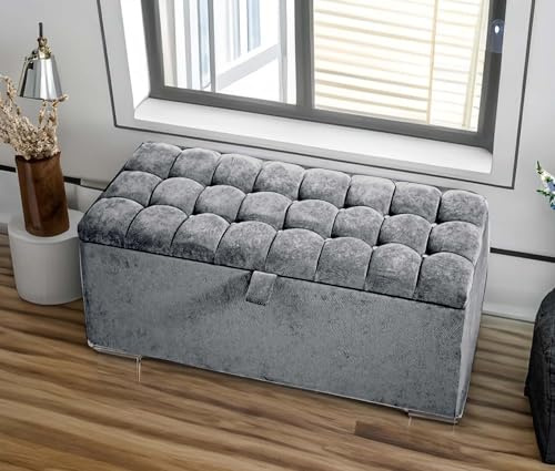Cubed Ottoman Storage Box - 5FT King Size Crushed Velvet Storage ottoman with Matching Fabric Buttons, Upholstered Pouffe Stool Footstool Bench with Storage (Grey Velvet)