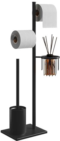 Edelstahl Klopapierhalter Stehend mit Klobürste - Toilettenpapierhalter in Schwarz, mit WC-Bürste und Eckenkorb (Schwarz)