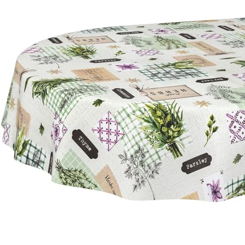 ANRO Wachstuchtischdecke Wachstischdecke Wachstuch Tischdecke abwaschbar Gartentischdecke Wasserabweisend Oval 200x140cm Schnittkante Kräuter Grün