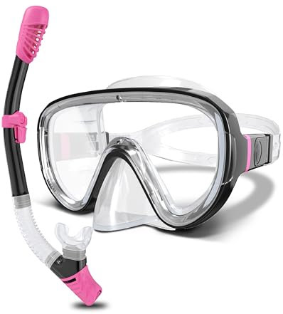 G2RISE Snorkel Set Adults, SN05 Snorkel Mask, Snorkel Set with Tempered Glass Lenses, Dry Top System & Upgraded Adjustable Buckle for Snorkeling, Diving, Swimming (Black Pink)