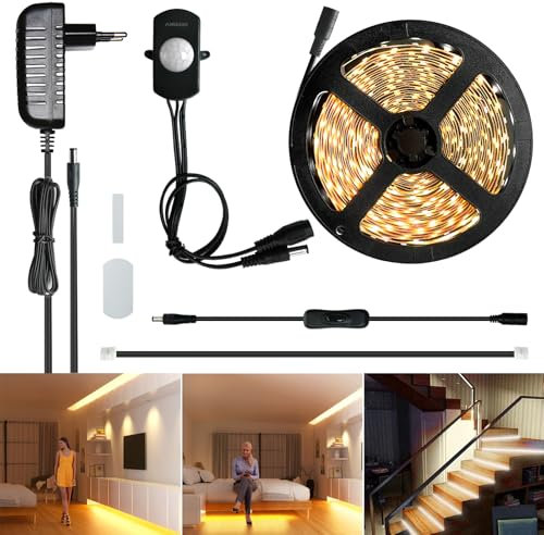 Sensky LED Streifen Mit PIR Bewegungsmelder, 2,5m Einstellbar Lichtband 12V Warmweiss Selbstklebend 3000K Schrankbeleuchtung Für kleiderschrank Nachttisch Treppe Schrank Flur Schlafzimmer