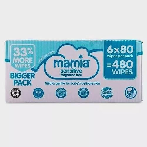 ark future Mamia Sensitive Fragrance Free 480 Wipes - Bigger Pack of 6x80. Perfect for Delicate and Mild Baby Skin. Easy to Use and Dispose.