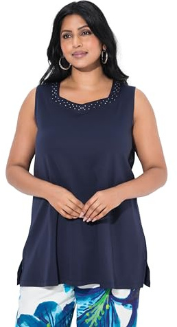 Ulla Popken Damen große Größen Übergrößen Plus Size Top, A-Linie, Herzausschnitt, ärmellos, Pima Cotton Dunkles Marine 46+ 839990120-46+