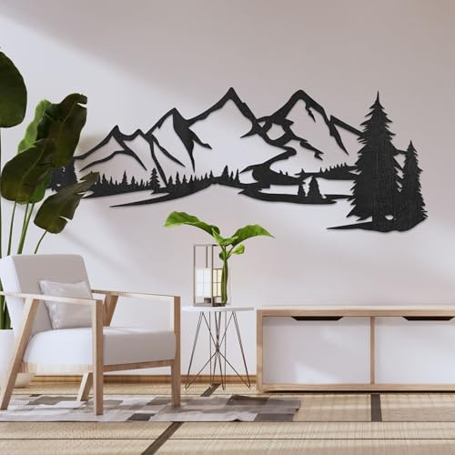 SENTOP HDF0414 Wanddekoration aus Holz – Wandbild Berge & Wald – Natur Holzdeko für Wohnzimmer, Schlafzimmer & Büro – Handgemachte Wandkunst aus Eiche (Schwarz, 70 x 26 cm)