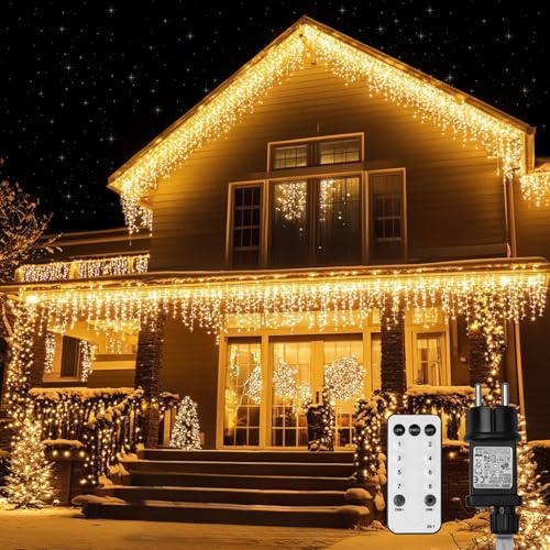 sylvwin Eiszapfen Lichterkette Außen 24M,800 LEDs,8 Modi, Anschließbare Weihnachtsbeleuchtung, Außendekoration,Eiszapfen Lichterkette für Zuhause, Dachtraufendeko,Feiertag Gartenparty