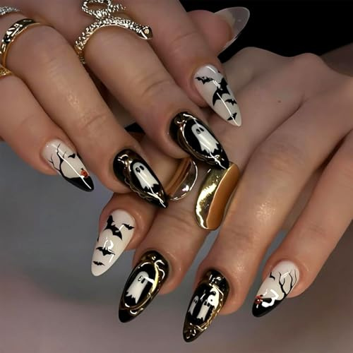 Lot de 24 faux ongles à presser d'Halloween en acrylique naturel réutilisable avec motifs chauve-souris, miroir magique, fantôme, arbre mort, citrouille WYFHDT