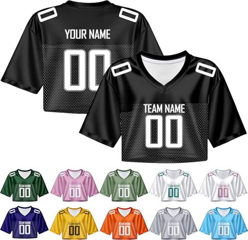 Tops Crop Maillot de Football Personnalisés pour Femmes T-Shirt avec Nom et Numéro Col en V Style Streetwear Hip-Hop pour Filles - Modèle 1, Noir