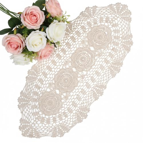 Doilies, Crochet Table Runner, Beige Lace Handmade Crochet Doilies For Tables - Oval Lace Table Runner Doily Cloth, Cotton Placemats, Knitted Coasters for Cups Coasters Glasses Small Doily Cloth