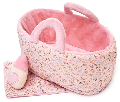 LeyaDoll Baby Doll Bassinet&Accessories, Birthday Gift for Girls Ages 2-4 | Soft pink floral doll carrier with pacifier and towel, machine washable for pretend play, travel and baby shower gifting.