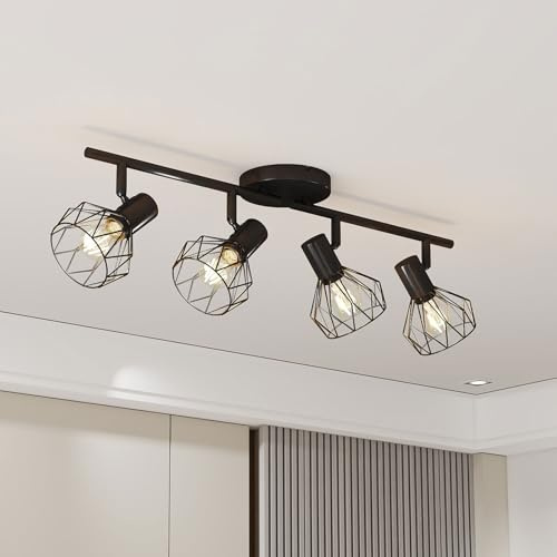 Emitto 4 Way Ceiling Lights, Black Adjustable Kitchen Spotlights with 90° Tilt, Industrial E14 Light Fittings for Hallway, Living Room, Bedroom (No Bulbs)