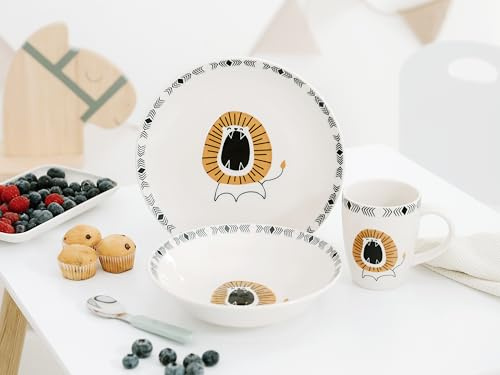 CreaTable, 25053, Serie Safari, 3-teiliges Geschirrset für 1 Personen, Kinderservice aus Steinzeug, spülmaschinen- und mikrowellengeeignet, Qualitätsproduktion