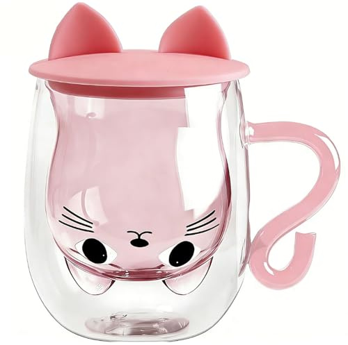 Lepidi Taza de Gato Taza de Café de Cristal, Vasos de Doble Pared Desayuno, Aza Gato Taza de Café, Regalos para Amantes de los gatos, Regalo de Cumpleaños, 300ML (Rosa)