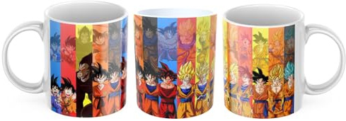 NET Nueva Era Textil Taza Dragon Ball – Goku Evoluciones y Transformaciones – Diseño Anime a Todo Color – Taza de Cerámica para Café o Té – Regalo para Fans 350ml