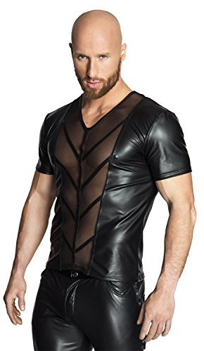 NOIR HANDMADE, H029-M, Men - Kunstleder/Tüll T-Shirt teiltransparent mit V-Ausschnitt und aufgesetzten Zierst