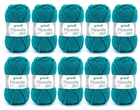 Gründl Filzwolle uni (Wolle zum Filzen, Stricken und Häkeln, Garn aus 100 % Schurwolle, 50 g / 50 m, Nadelstärke: 8 - 9, 10 x 50 g), Petrol, 31 x 32 x 7.5 cm