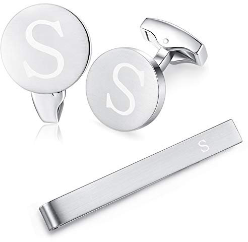 HONEY BEAR manschettenknöpfe & krawattennadel Set Initialen Buchstabe Herren Edelstahl Hochzeit Cufflinks Manschettenknopf Silber,A-Z,MEHRWEG (S)