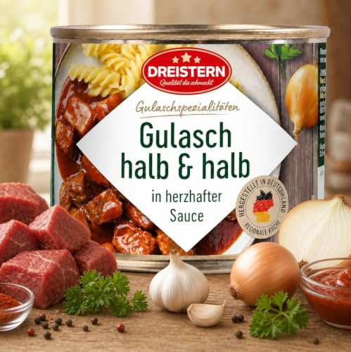 Dreistern Gulasch 500g - Hausmacherart Rind & Schwein in Herzhafter Sauce | Deutscher Klassiker als Fertiggericht in der Konserve, ideal zu Klößen oder Nudeln, inkl. DDR Kochbuch & Geschenkkarte