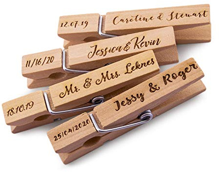 Summer-Ray - 50 Mini mollette in Legno con Incisione Personalizzabile, per Matrimonio e Tutte Le Occasioni, Legno, Marrone, 60mm Length
