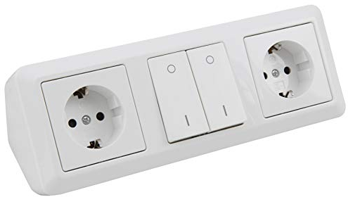McPower Steckdosenblock Unterbausteckdosen | Cup | Ecksteckdose mit Schalter, 2X Steckdose, 1x Schalter, 250V~ / 16A, Aufbau, weiß, poliert
